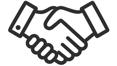 Symbolgrafik eines Handschlags – Vertrauen und Zusammenarbeit bei BAUATELIER Grunwald Schwarz-weiß Illustration von zwei Händeschüttelnden als Symbol für Partnerschaft und Kooperation