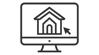 Symbolgrafik eines Monitors mit Haus – 3D-Visualisierung und digitale Projektplanung bei BAUATELIER Grunwald Schwarz-weiß Illustration eines Computerbildschirms mit Haus-Icon und Mauszeiger als Symbol für Architektur-Visualisierung