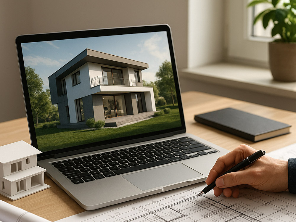 Visualisierung am Laptop – realistische 3D-Darstellung eines Wohnhauses bei BAUATELIER Grunwald Ein moderner Laptop zeigt eine fotorealistische Architektur-Visualisierung eines Einfamilienhauses auf dem Bildschirm