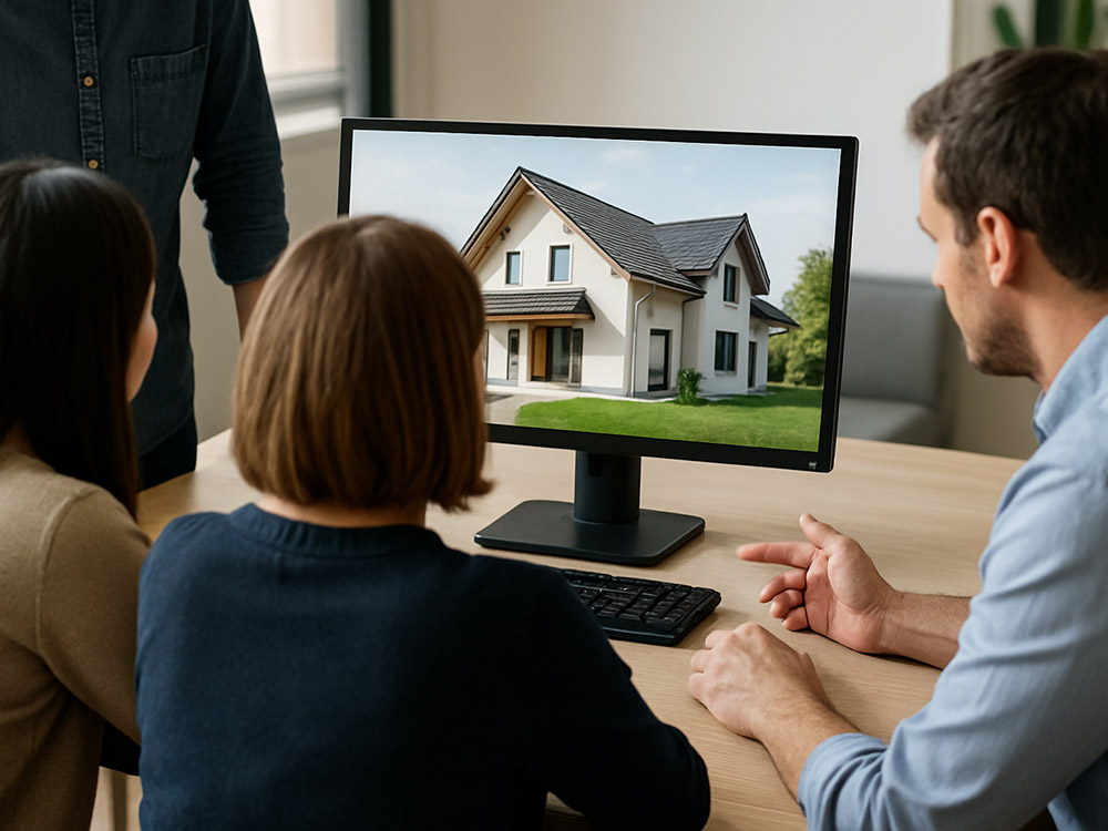Kundenberatung am PC – gemeinsamer Blick auf das Bauprojekt im BAUATELIER Grunwald Ein Team bespricht gemeinsam mit Kunden ein Bauvorhaben anhand einer 3D-Visualisierung auf einem Monitor