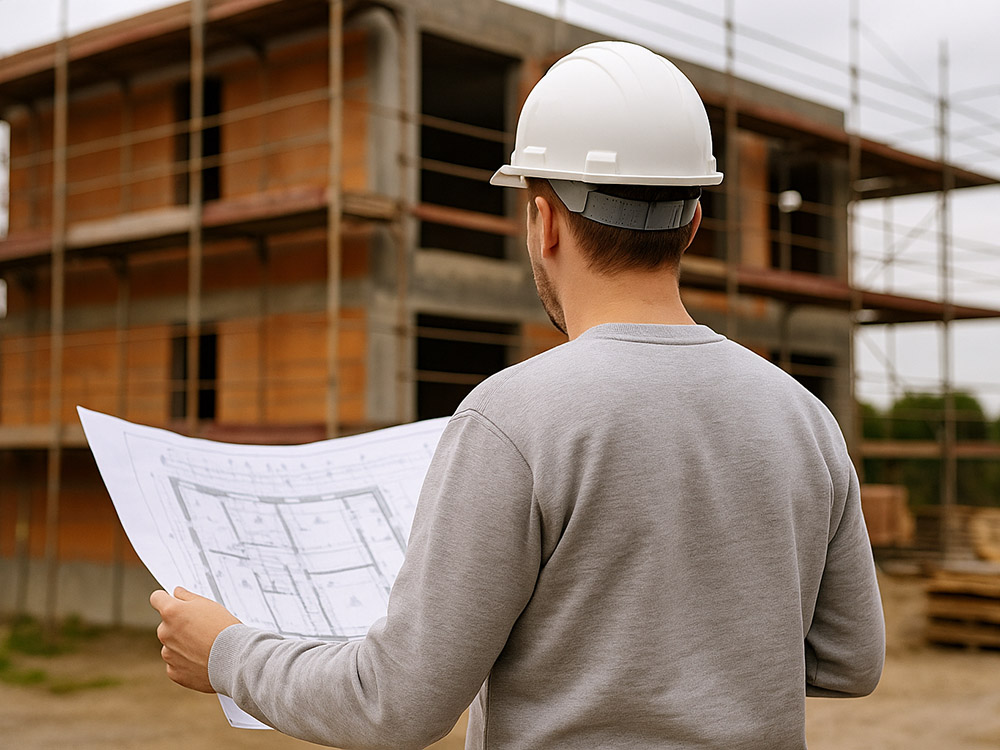 Bauüberwachung auf der Baustelle – Kontrolle der Ausführungspläne durch einen Fachmann mit Helm Fachkraft mit Schutzhelm betrachtet Baupläne vor einem Rohbau mit Gerüst im Hintergrund